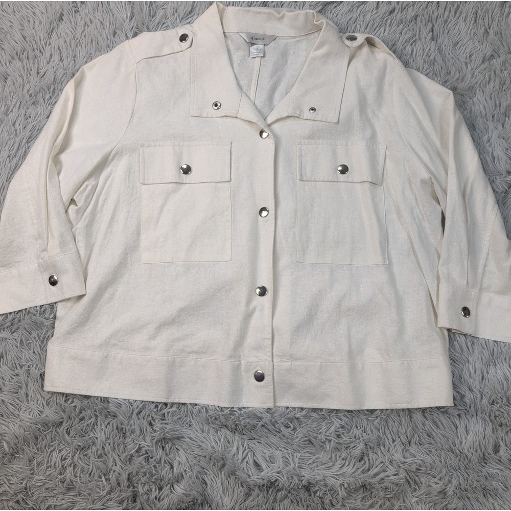 CJ Banks Shirt Womens 1X White Linen Blend Snap Up Comfort Preppy Sheer